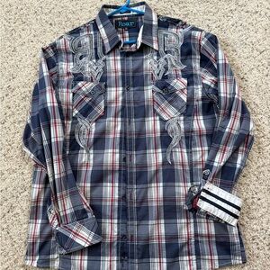 Roar Men's Embroidered Plaid Shirt - Navy and White